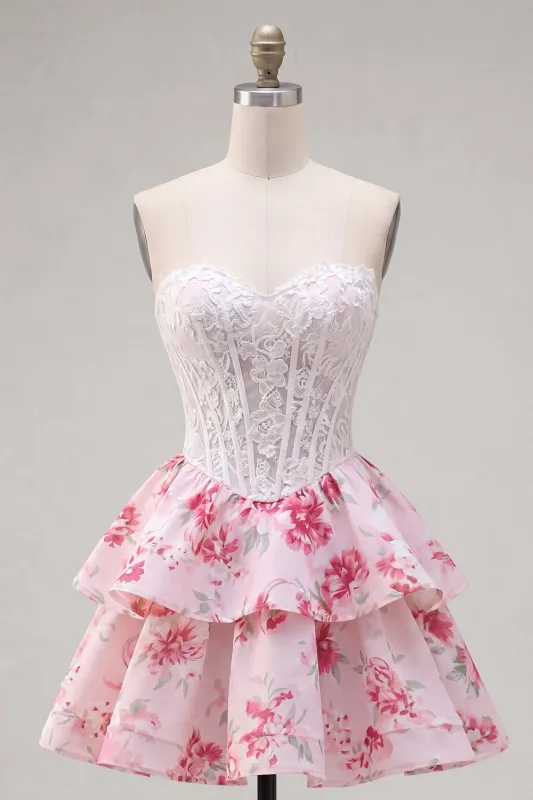White Fuchsia Flower Strapless A Line Corset Short Homecoming Dress with Ruffles made by Zapaka