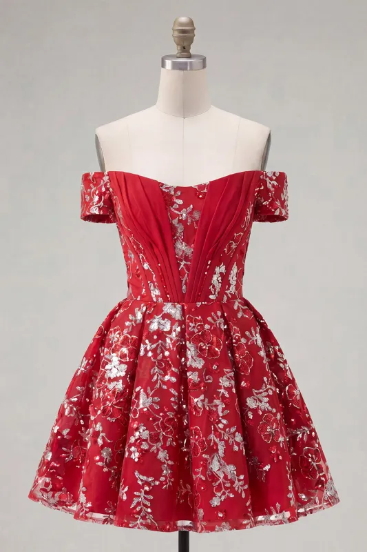 Sparkly Red Floral A Line Short Corset Homecoming Dress with Beading made by Zapaka