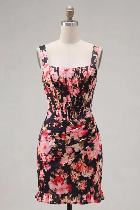 Black Pink Flower Tight Short Thick Straps Corset Homecoming Dress with Ruffles made by Zapaka