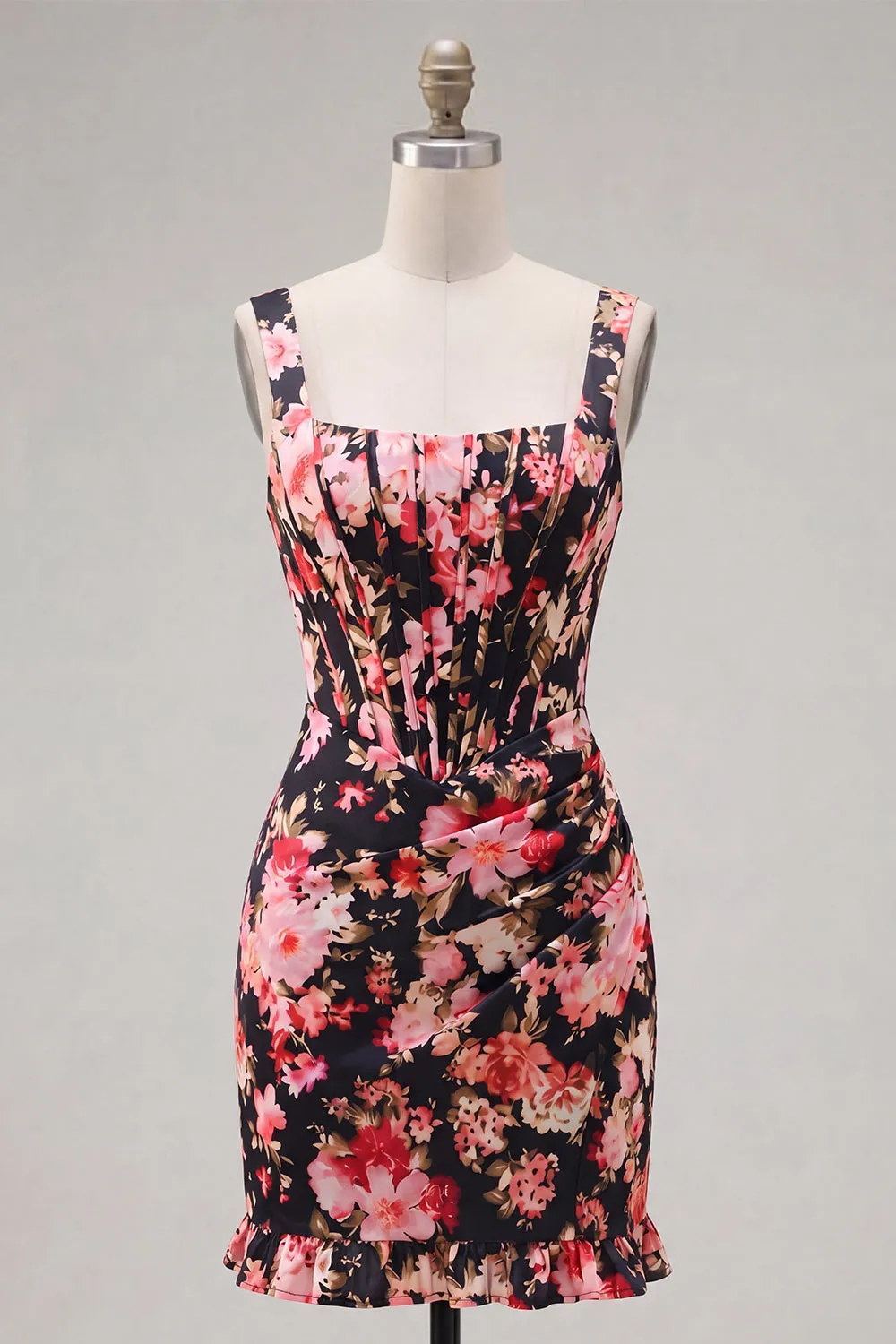 Black Pink Flower Tight Short Thick Straps Corset Homecoming Dress with Ruffles sold by Zapaka