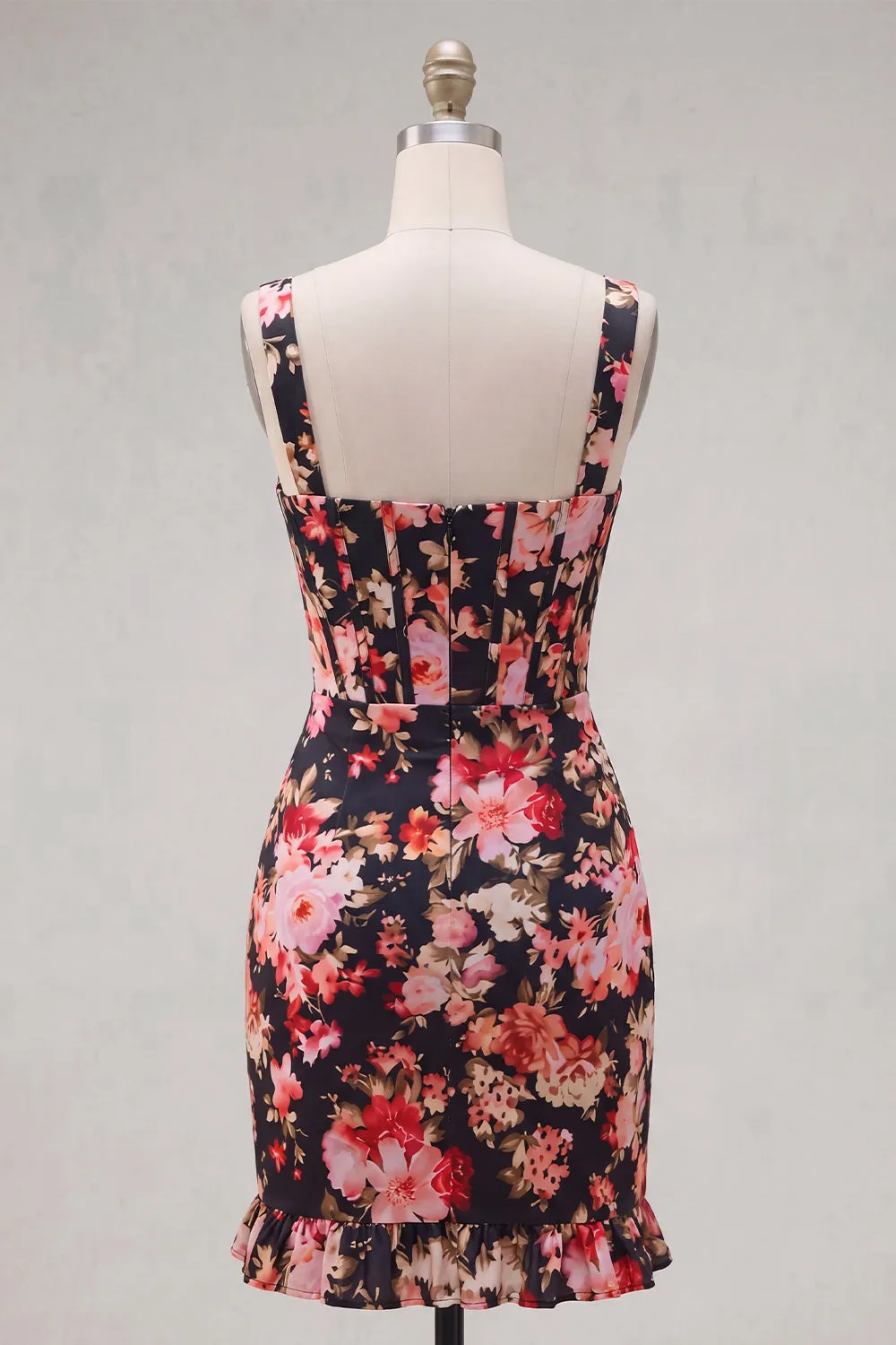 Black Pink Flower Tight Short Thick Straps Corset Homecoming Dress with Ruffles sold by Zapaka product image thumbnail 2