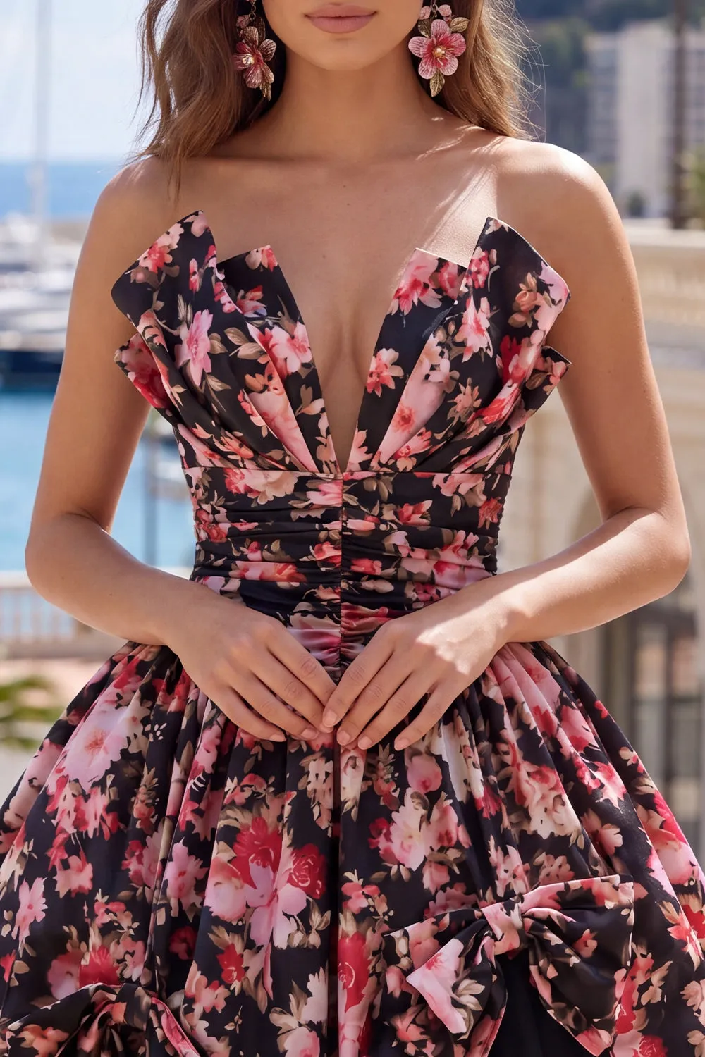 Black Pink Flower A Line V-Neck Ruched Short Homecoming Dress with Bows sold by Zapaka product image thumbnail 5