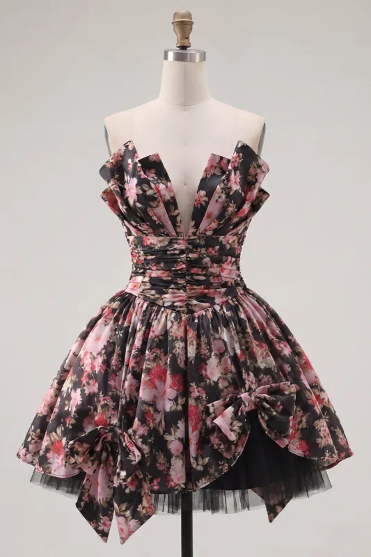 Black Pink Flower A Line V-Neck Ruched Short Homecoming Dress with Bows made by Zapaka
