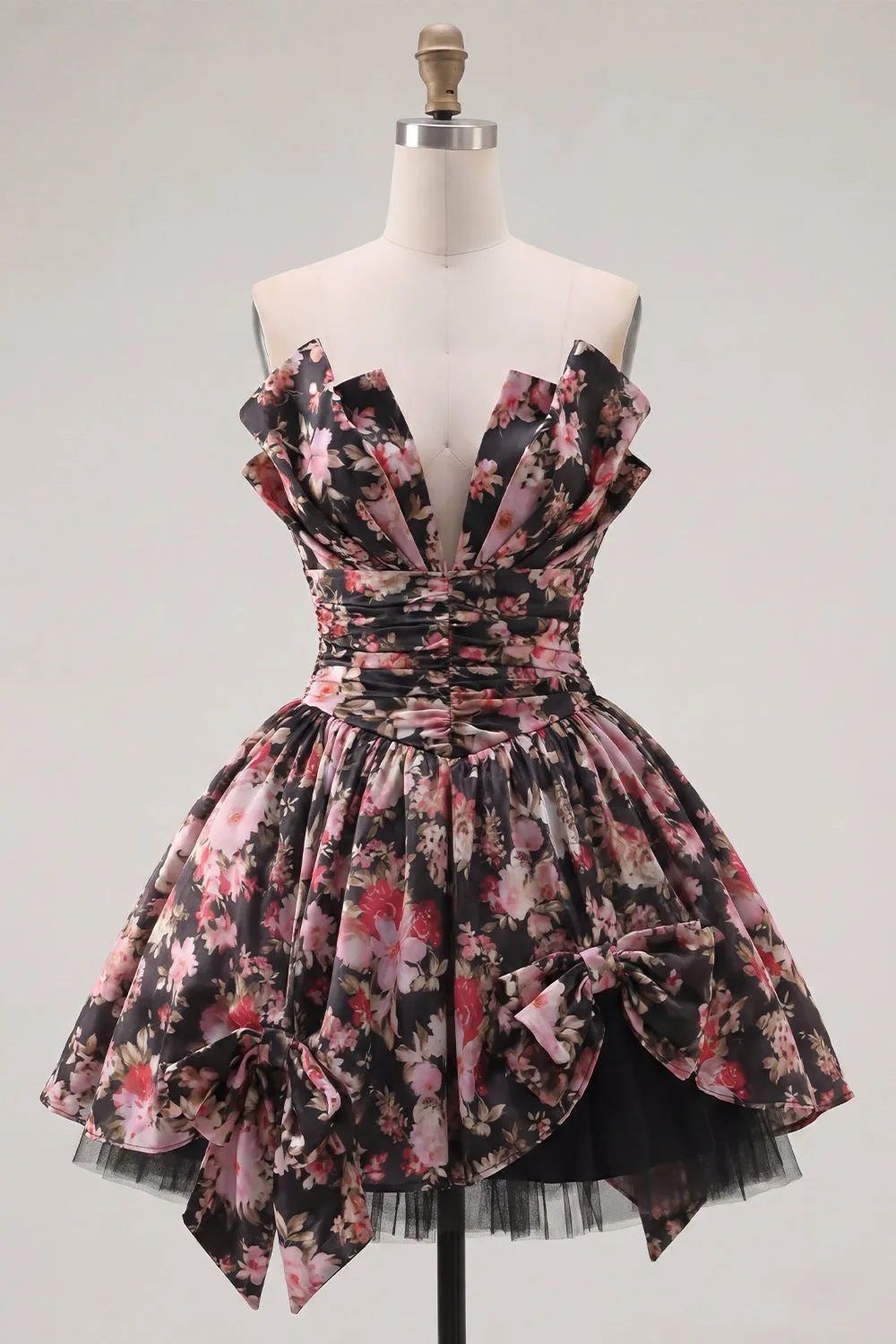 Black Pink Flower A Line V-Neck Ruched Short Homecoming Dress with Bows sold by Zapaka