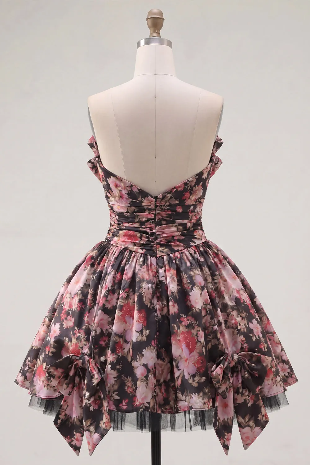 Black Pink Flower A Line V-Neck Ruched Short Homecoming Dress with Bows sold by Zapaka product image thumbnail 2