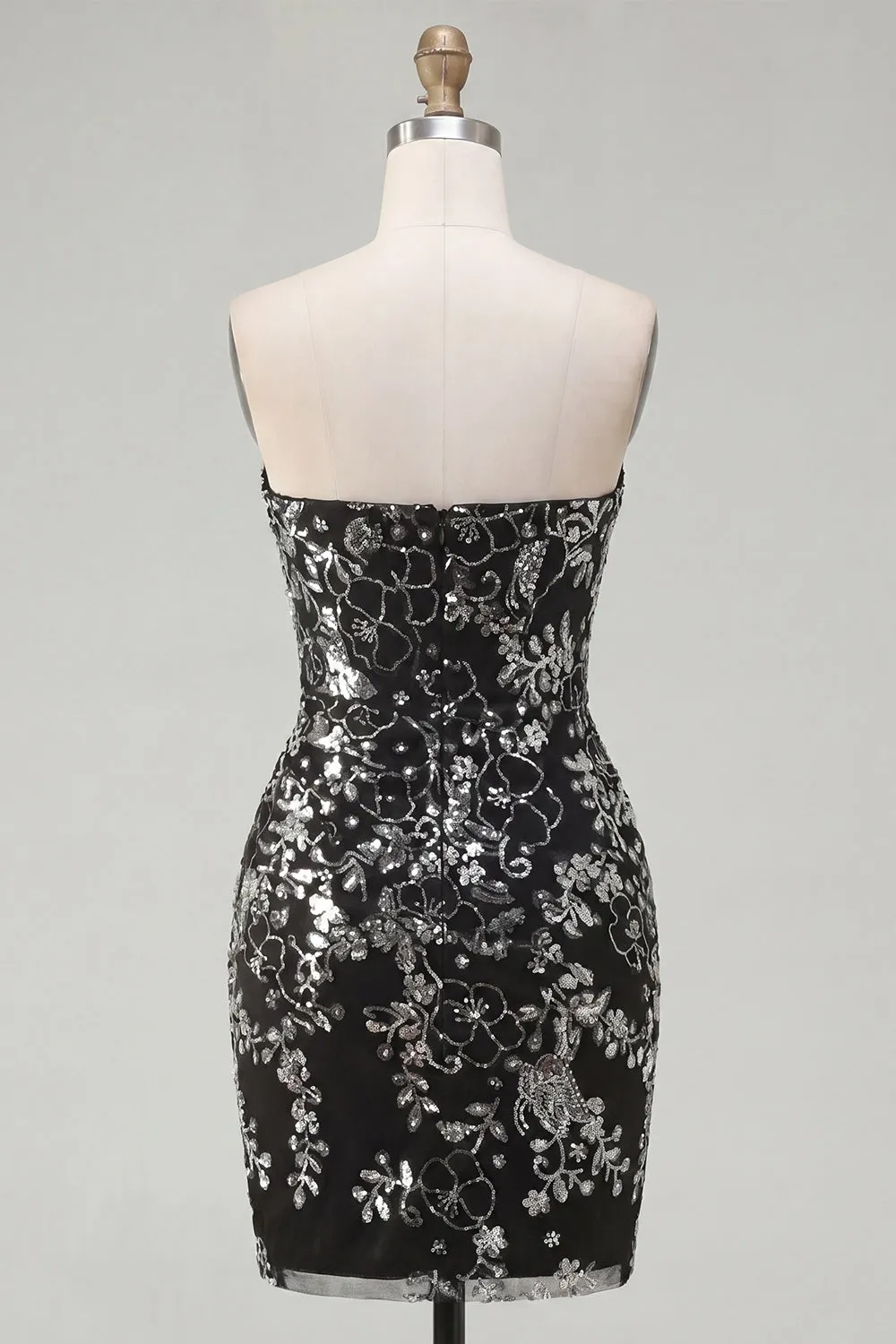 Sparkly Black Ruched Floral Tight Short Strapless Homecoming Dress with Sequins sold by Zapaka product image thumbnail 2