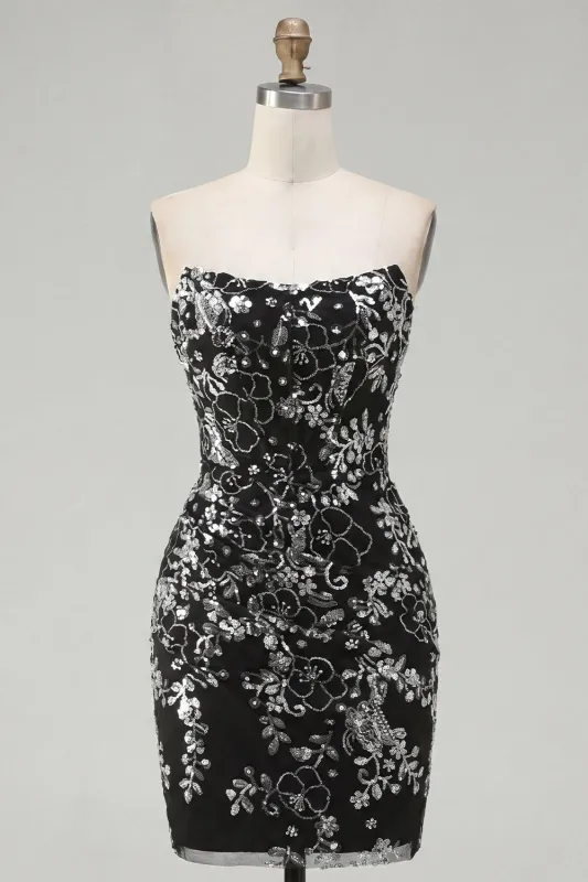 Sparkly Black Ruched Floral Tight Short Strapless Homecoming Dress with Sequins made by Zapaka