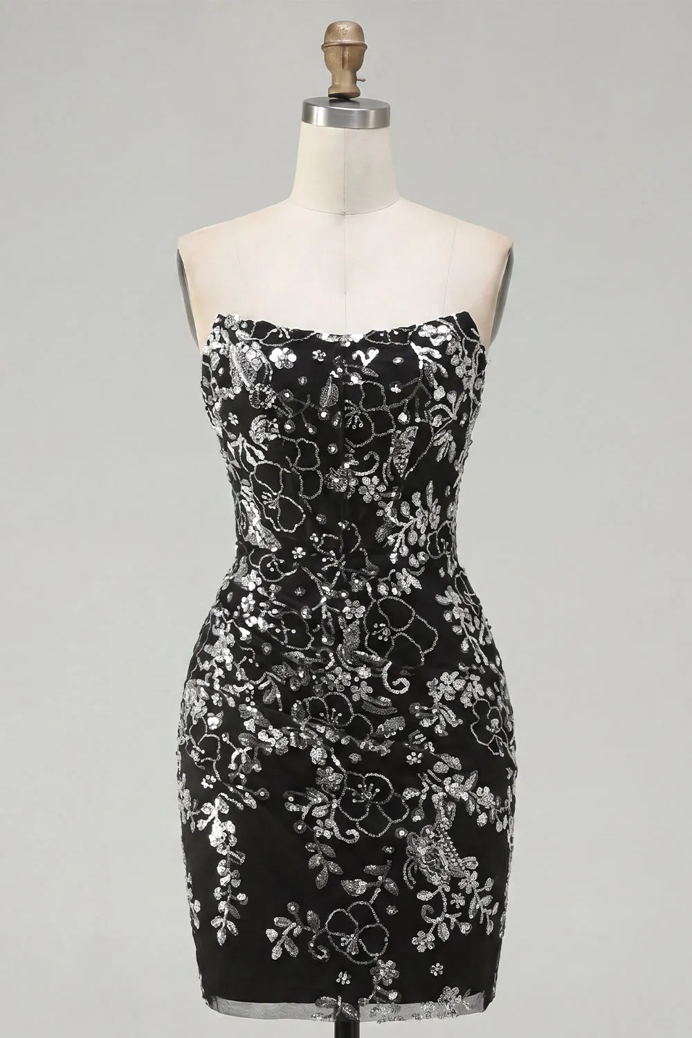 Sparkly Black Ruched Floral Tight Short Strapless Homecoming Dress with Sequins sold by Zapaka