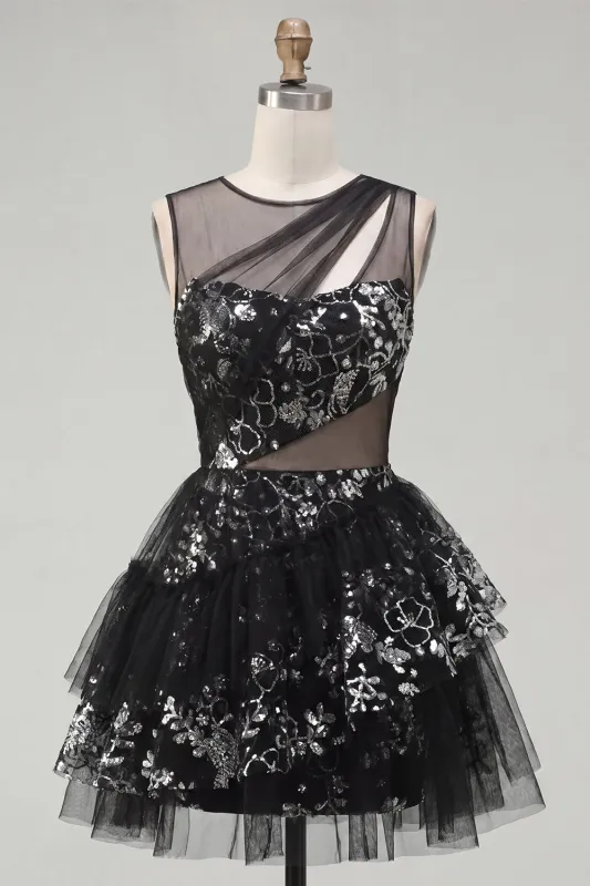 Floral Sparkly Black Keyhole A Line Sequin Short Homecoming Dress made by Zapaka