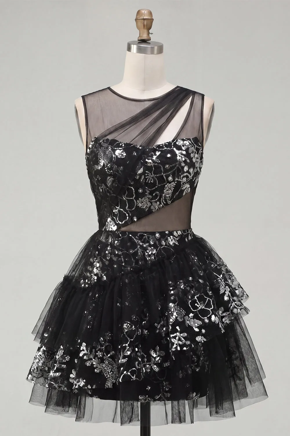 Floral Sparkly Black Keyhole A Line Sequin Short Homecoming Dress sold by Zapaka