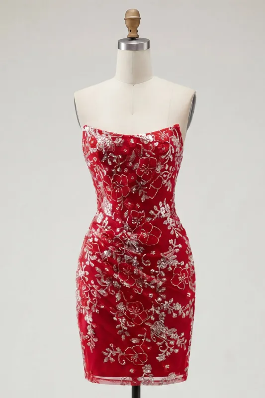 Sparkly Red Tight Short Beaded Ruched Floral Strapless Homecoming Dress made by Zapaka