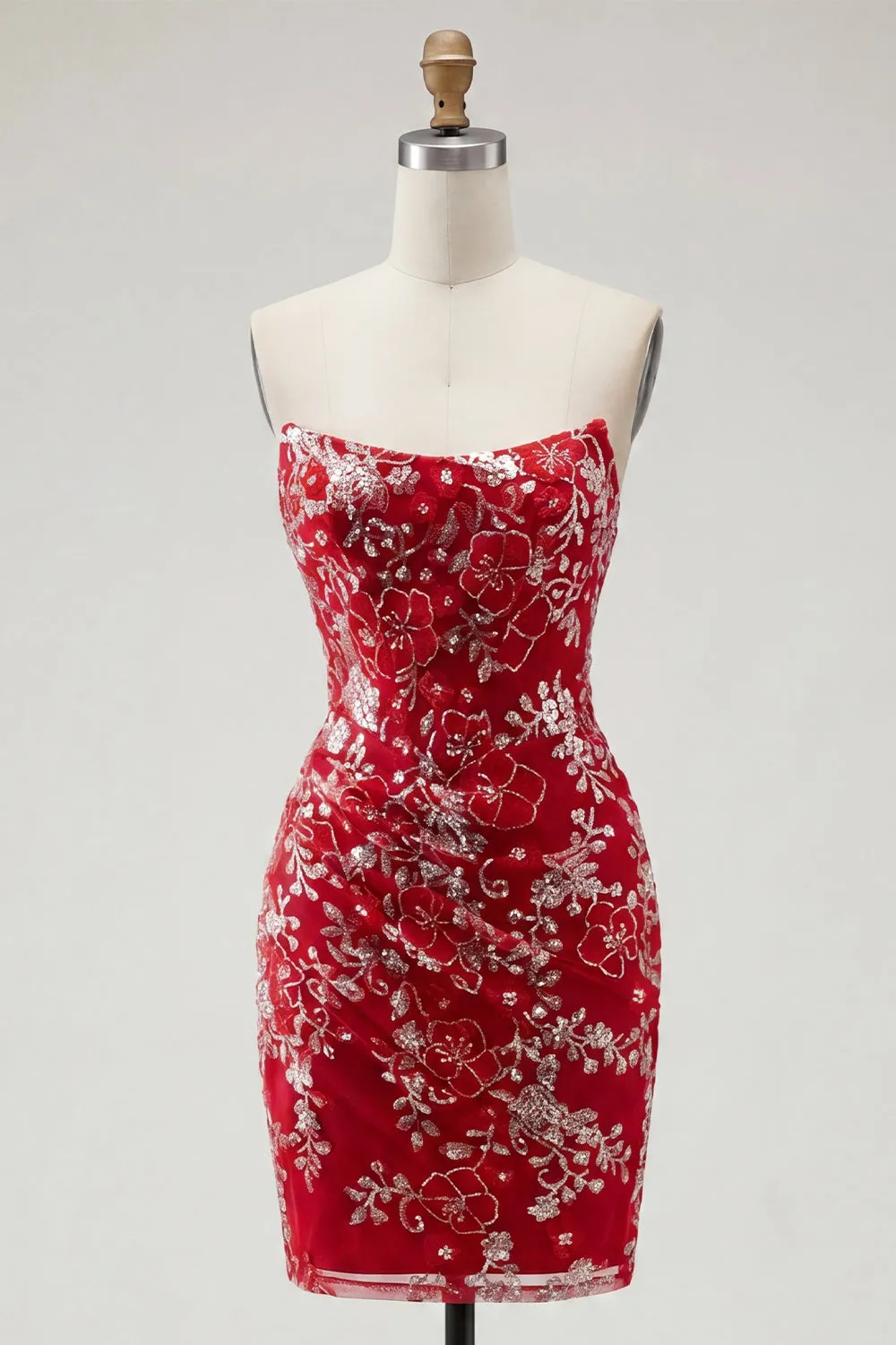 Sparkly Red Tight Short Beaded Ruched Floral Strapless Homecoming Dress sold by Zapaka