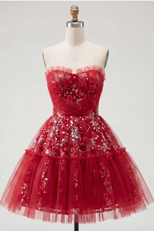 Sparkly Red A Line Short Beaded Ruched Floral Homecoming Dress with Ruffles made by Zapaka