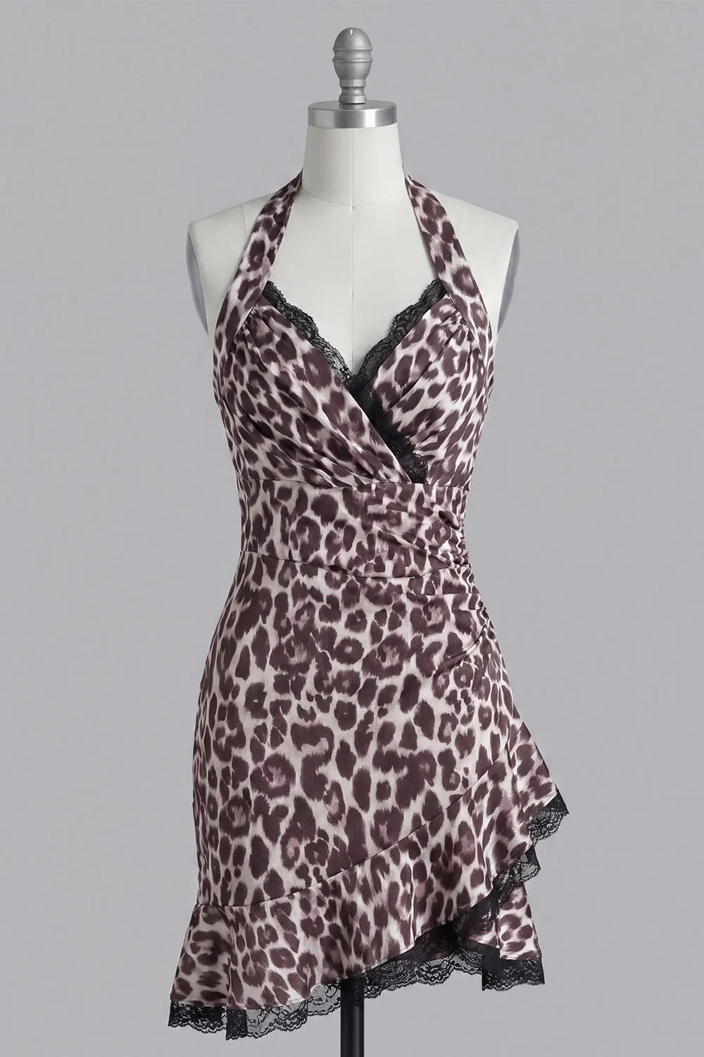 Coffee Halter Leopard Print Short Tight Homecoming Dress with Lace sold by Zapaka product image thumbnail 5