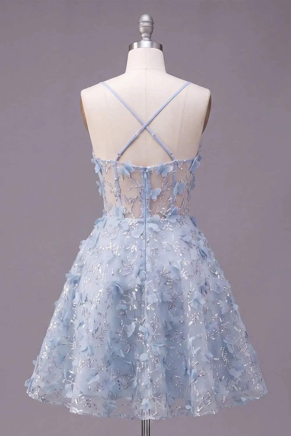 Sparkly Blue Spaghetti Straps Floral Sequin A Line Short Corset Homecoming Dress sold by Zapaka product image thumbnail 2