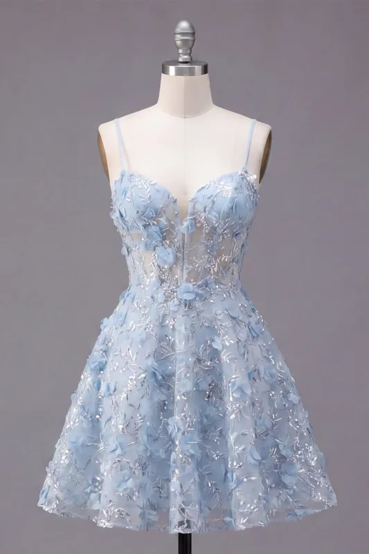 Sparkly Blue Spaghetti Straps Floral Sequin A Line Short Corset Homecoming Dress made by Zapaka