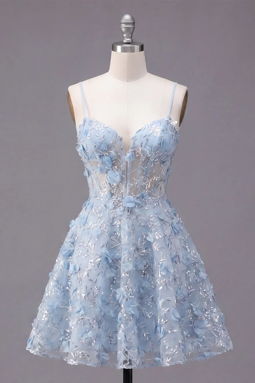 Sparkly Blue Spaghetti Straps Floral Sequin A Line Short Corset Homecoming Dress sold by Zapaka