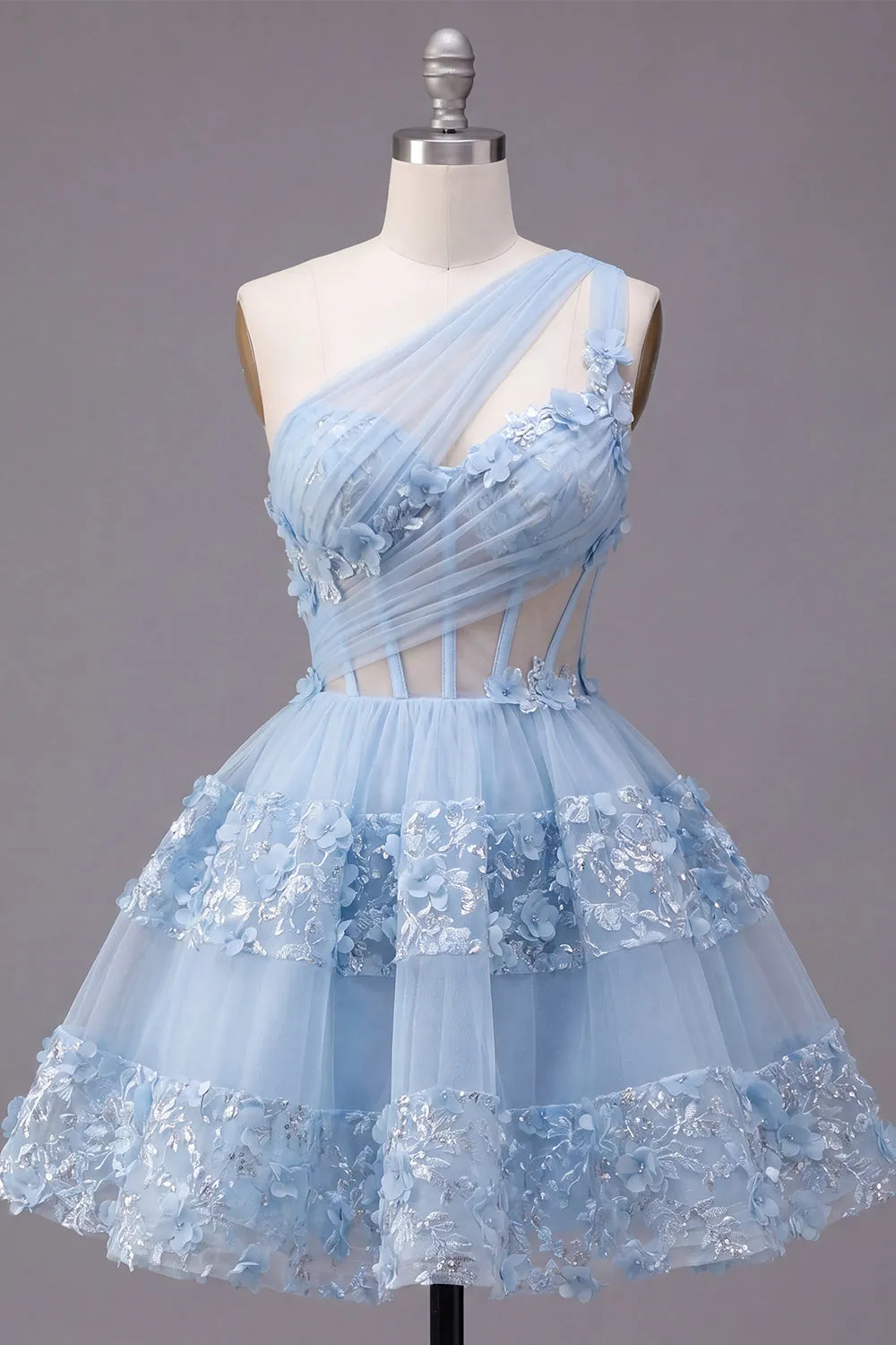 Floral Sparkly Blue Sequin A Line Keyhole Corset Short Homecoming Dress with Ruffles sold by Zapaka