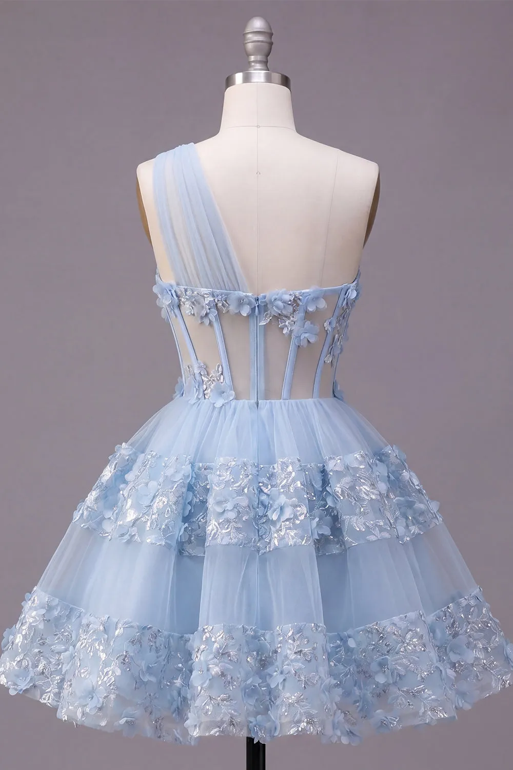 Floral Sparkly Blue Sequin A Line Keyhole Corset Short Homecoming Dress with Ruffles sold by Zapaka product image thumbnail 2