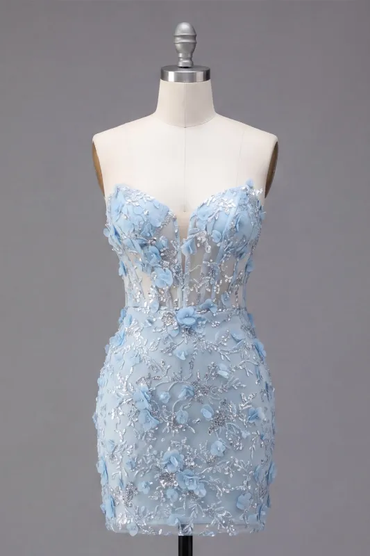 Floral Sparkly Blue Corset Tight Short Strapless Homecoming Dress with Beading made by Zapaka