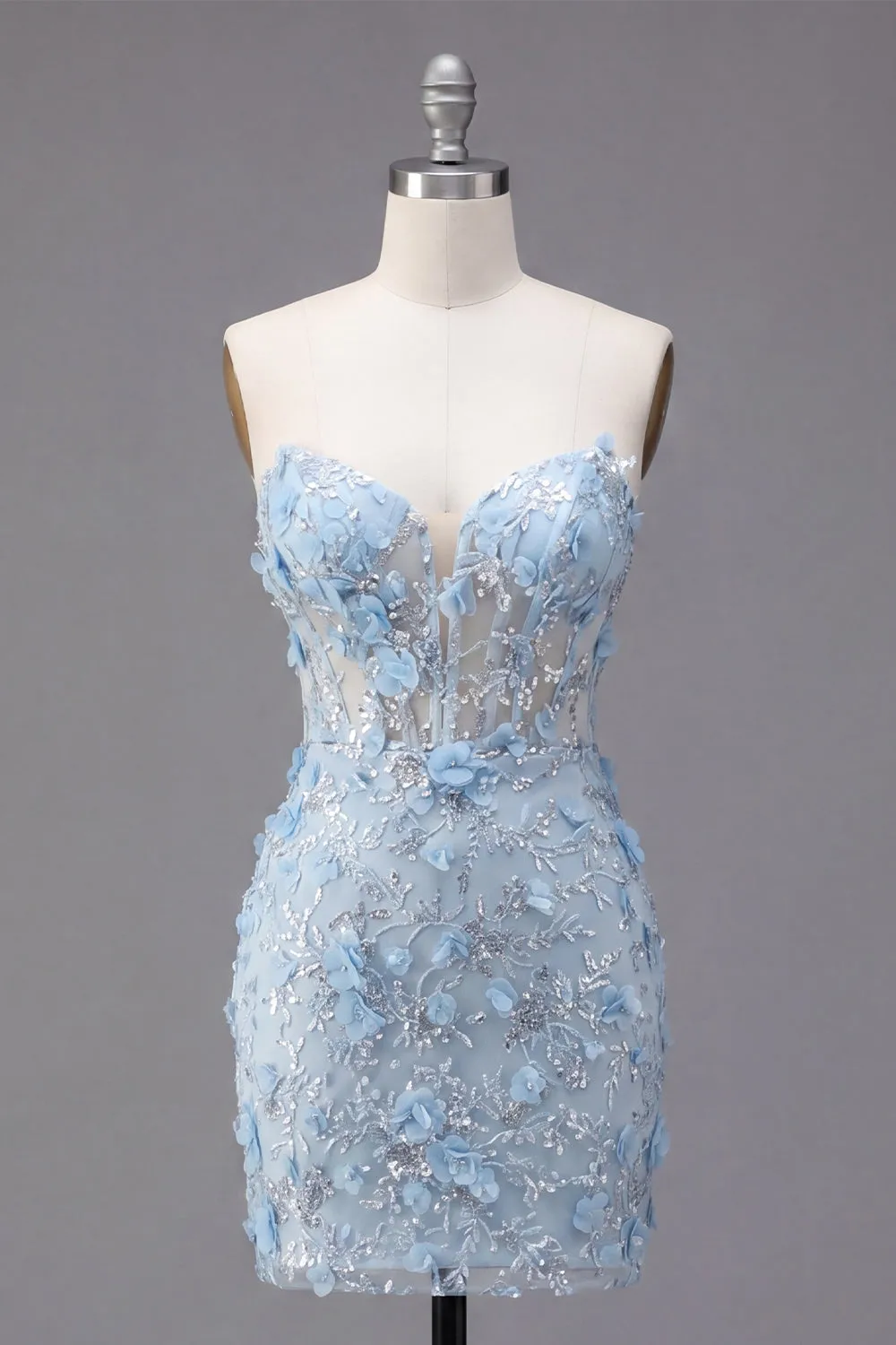 Floral Sparkly Blue Corset Tight Short Strapless Homecoming Dress with Beading sold by Zapaka