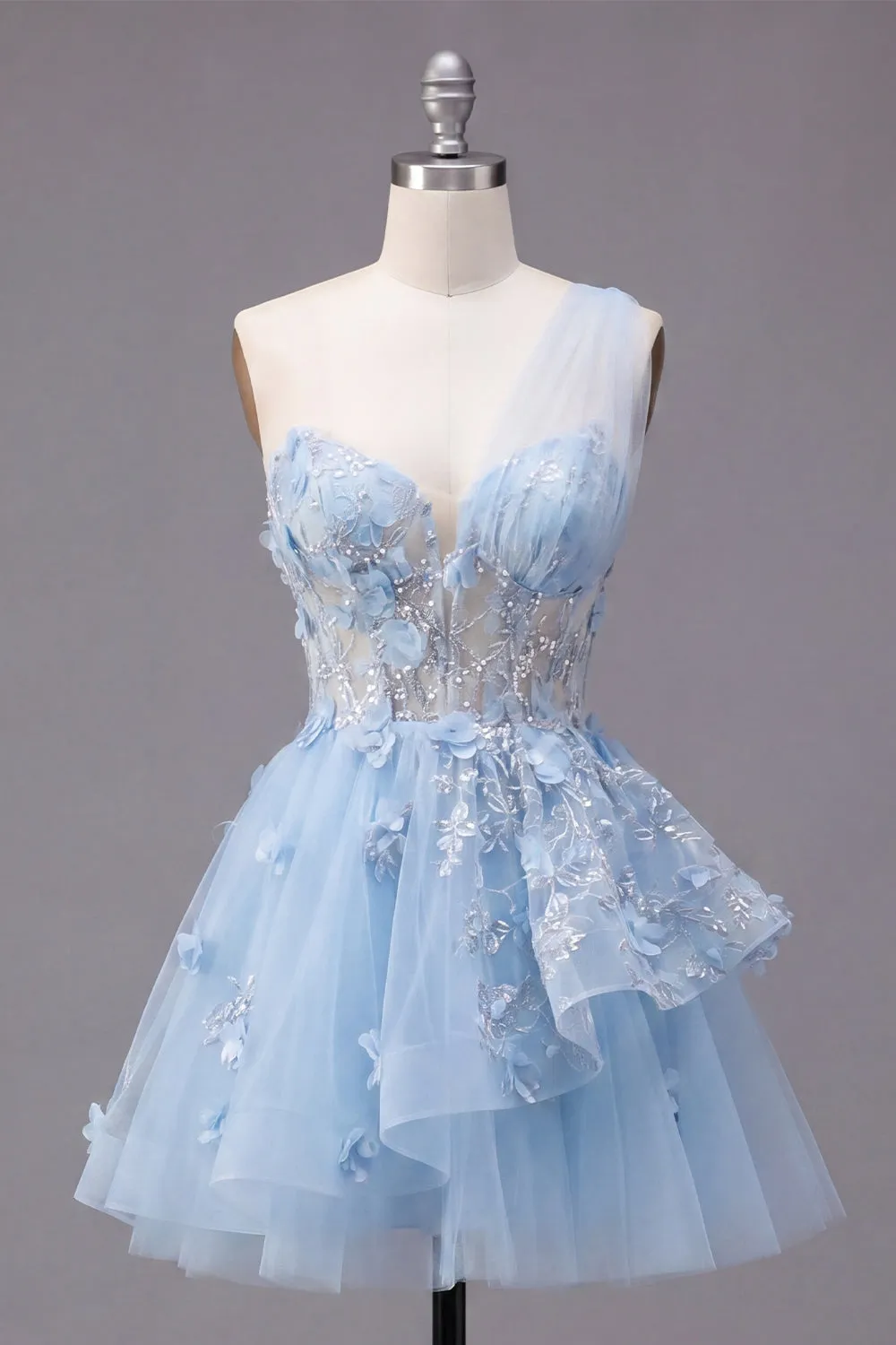 Sparkly Blue Beaded Corset Floral A Line Short Homecoming Dress with Ruffles sold by Zapaka