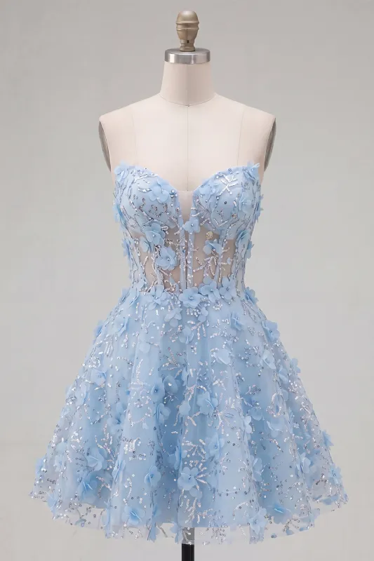 Sparkly Blue A Line Floral Corset Short Strapless Homecoming Dress with Beading made by Zapaka