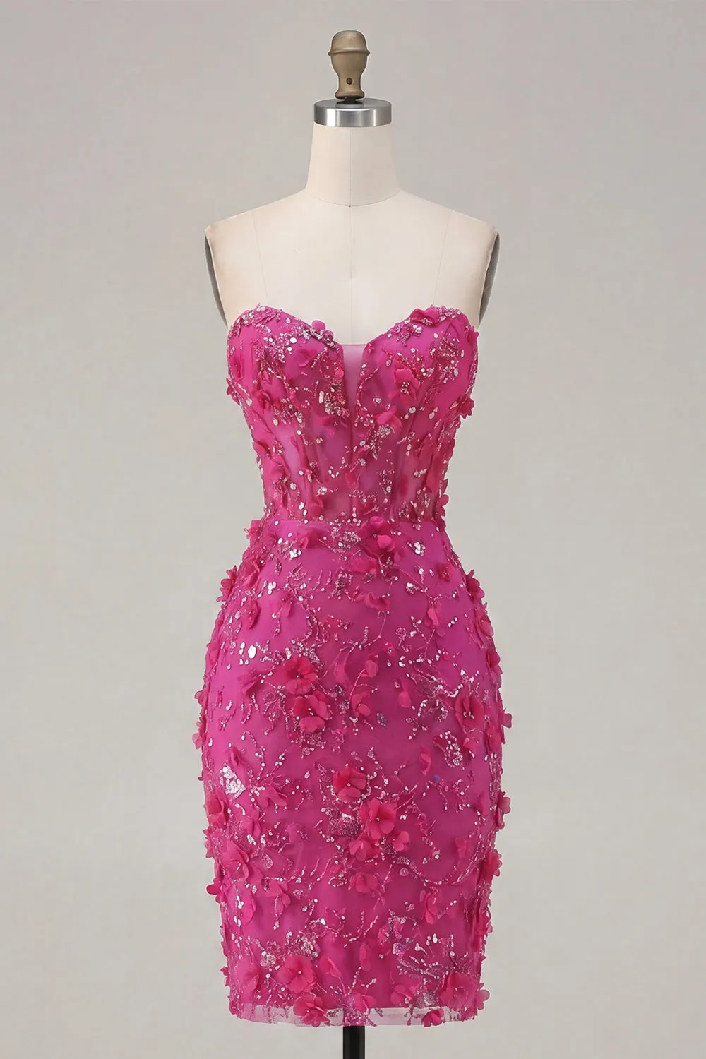 Sparkly Fuchsia Floral Sweetheart Tight Short Corset Homecoming Dress with Beading sold by Zapaka