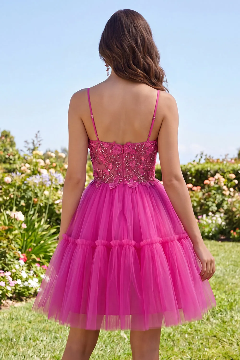 Sparkly Fuchsia A Line Floral Beaded Short Corset Spaghetti Straps Homecoming Dress sold by Zapaka product image thumbnail 4