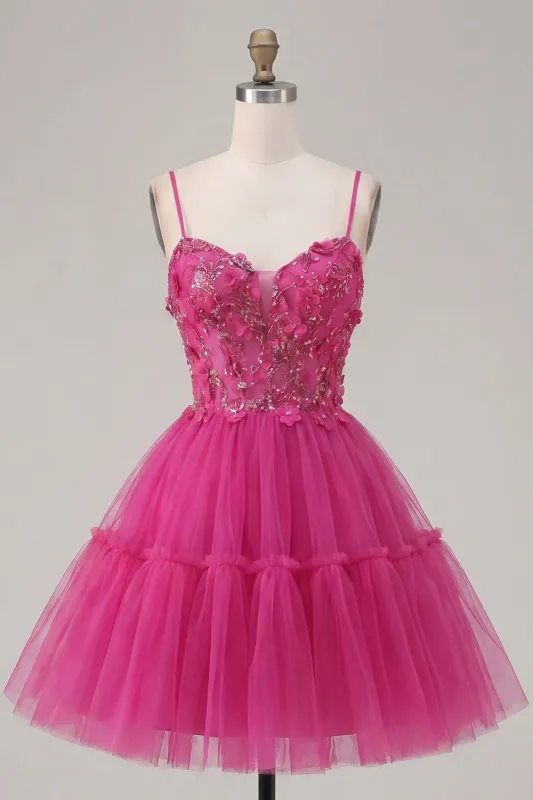 Sparkly Fuchsia A Line Floral Beaded Short Corset Spaghetti Straps Homecoming Dress made by Zapaka