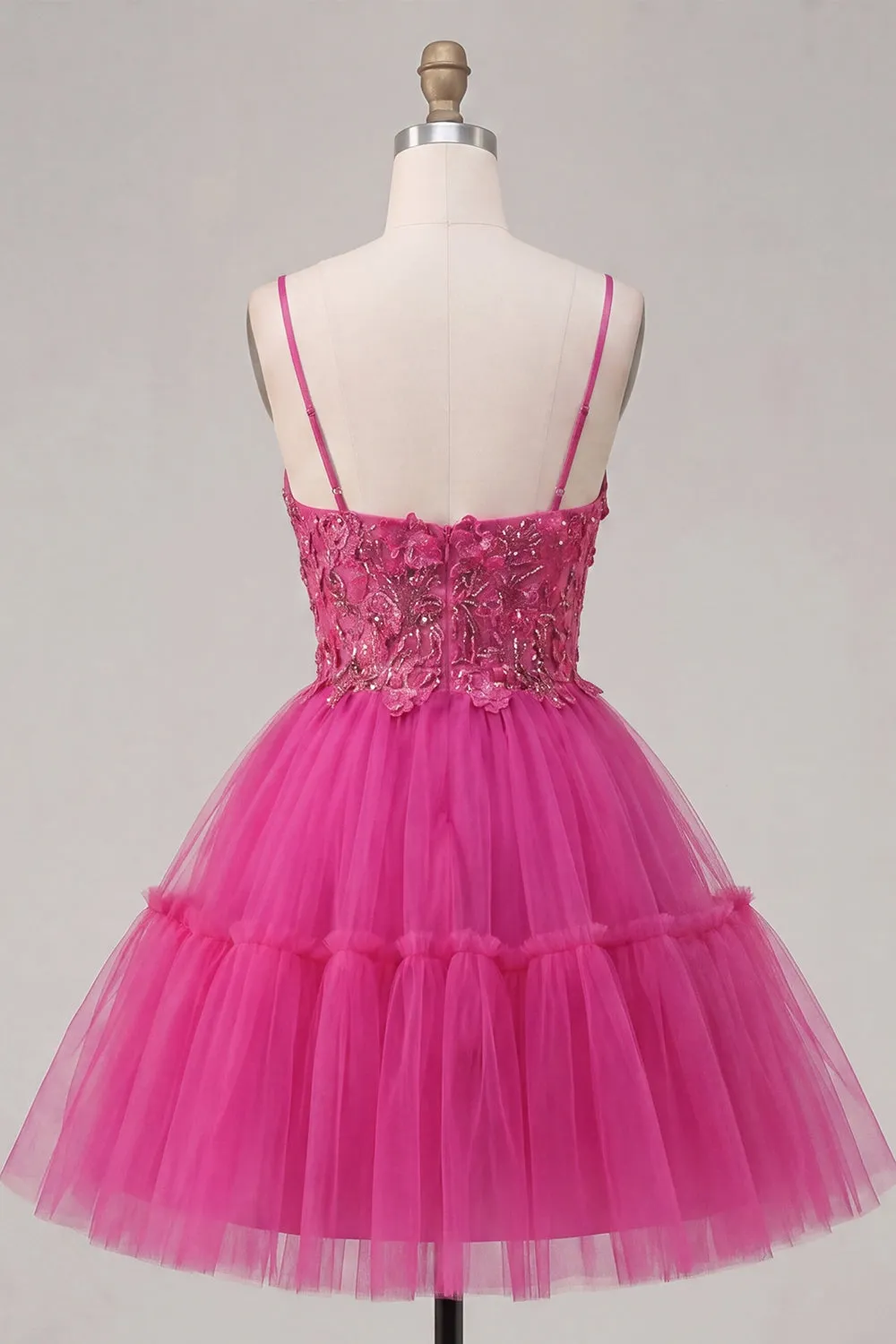 Sparkly Fuchsia A Line Floral Beaded Short Corset Spaghetti Straps Homecoming Dress sold by Zapaka product image thumbnail 2