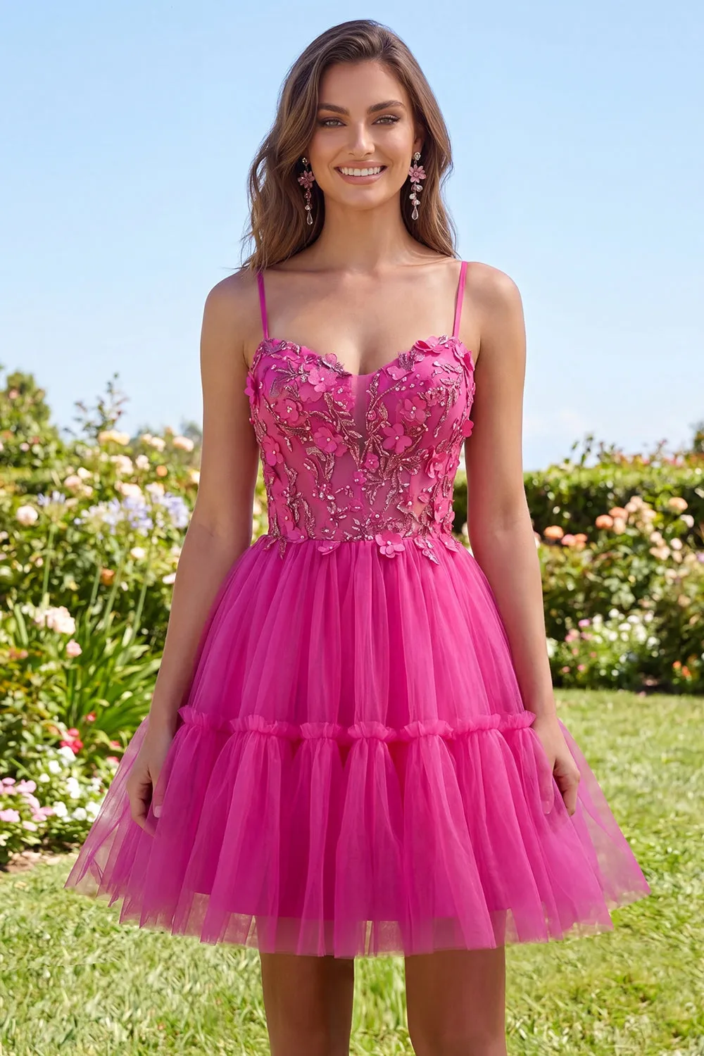 Sparkly Fuchsia A Line Floral Beaded Short Corset Spaghetti Straps Homecoming Dress sold by Zapaka product image thumbnail 3