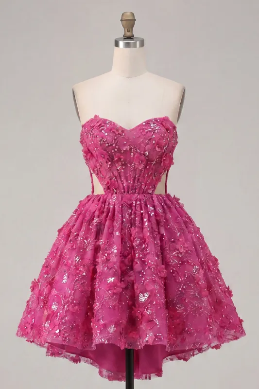 Sparkly Fuchsia Floral A Line Cut Out Corset Beaded Short Homecoming Dress made by Zapaka