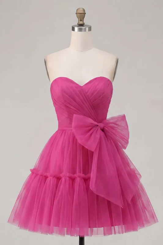 Fuchsia A Line Sweetheart Ruched Short Homecoming Dress with Bow made by Zapaka