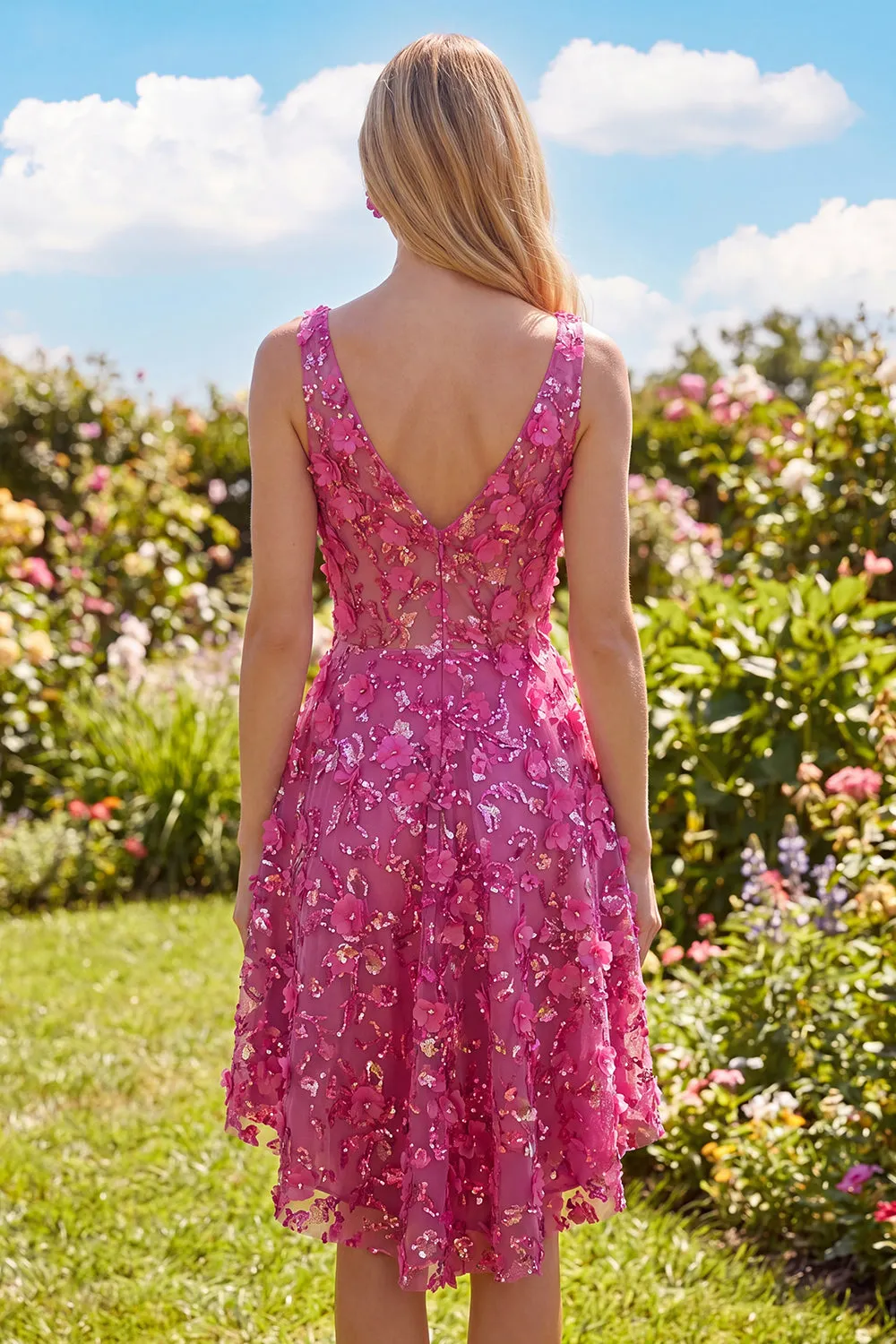 Sparkly Fuchsia Floral Beaded High Low A Line Homecoming Dress sold by Zapaka product image thumbnail 2