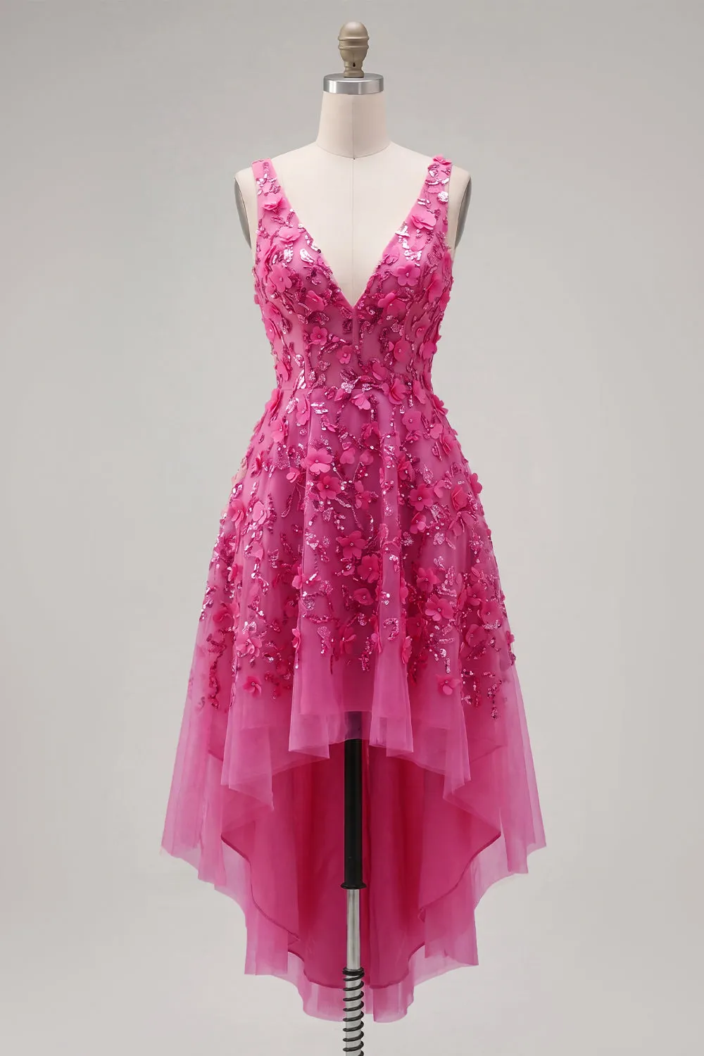 Sparkly Fuchsia Floral Beaded High Low A Line Homecoming Dress sold by Zapaka product image thumbnail 3