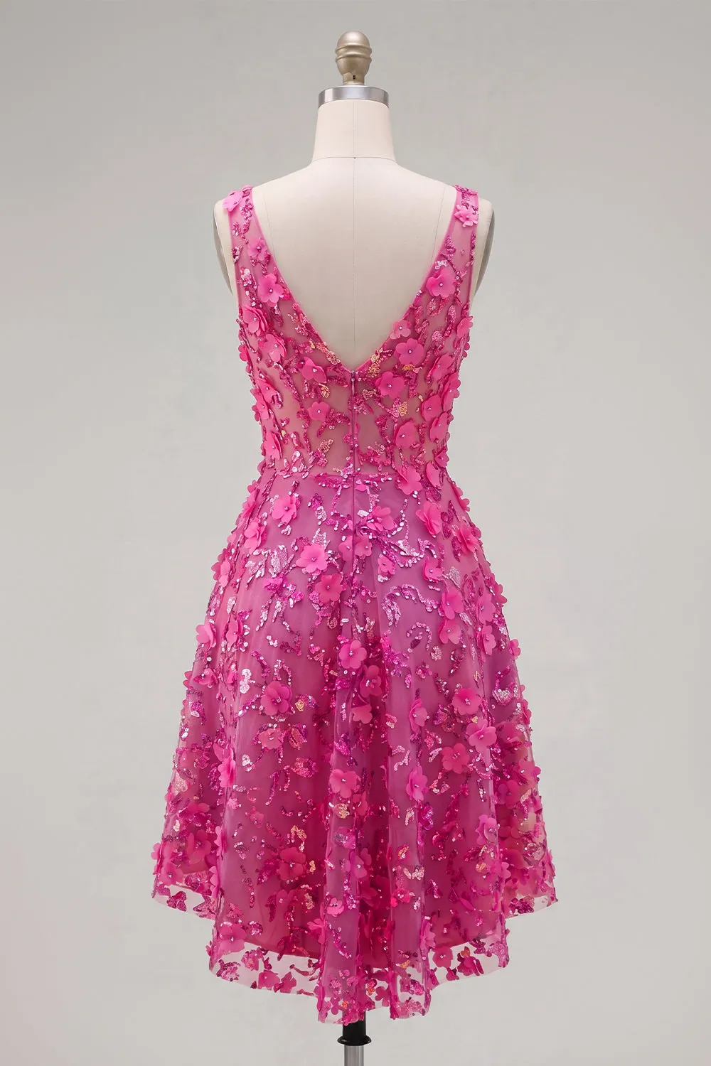 Sparkly Fuchsia Floral Beaded High Low A Line Homecoming Dress sold by Zapaka product image thumbnail 4