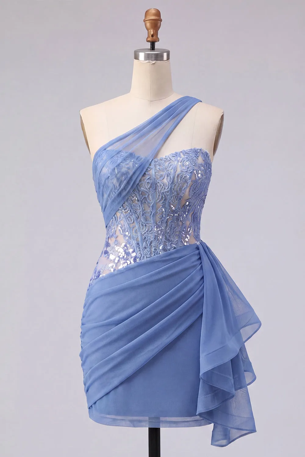 Sparkly Grey Blue Ruched Corset Tight Short Homecoming Dress with Lace sold by Zapaka