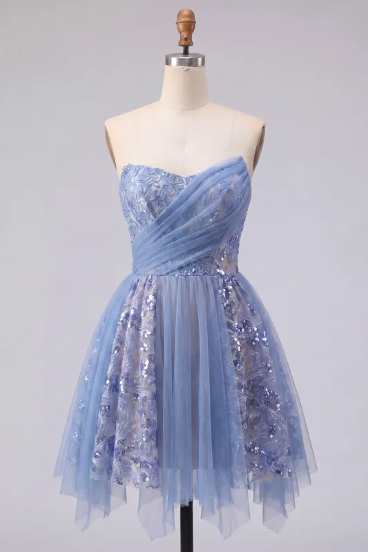Sparkly Grey Blue Ruched Short Corset Homecoming Dress with Lace made by Zapaka