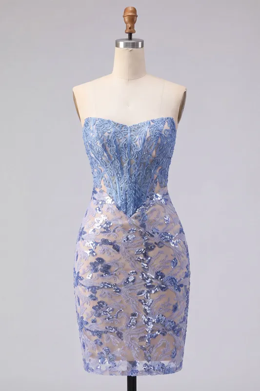 Sparkly Grey Blue Strapless Corset Tight Lace Short Homecoming Dress made by Zapaka