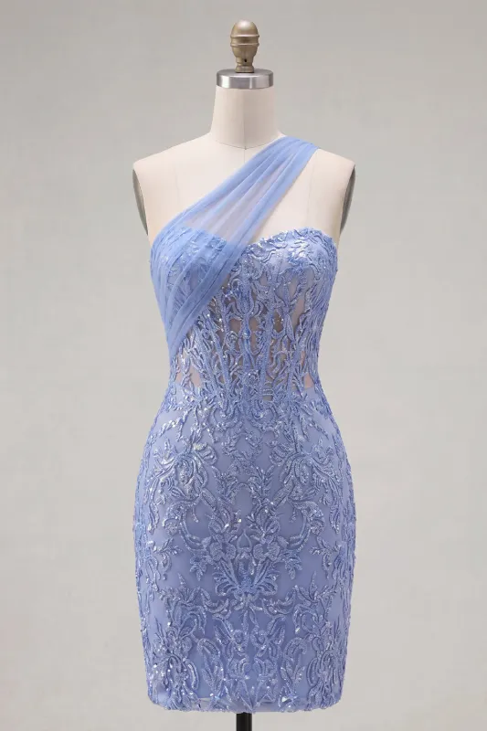 Sparkly Grey Blue Corset One Shoulder Tight Short Lace Homecoming Dress made by Zapaka