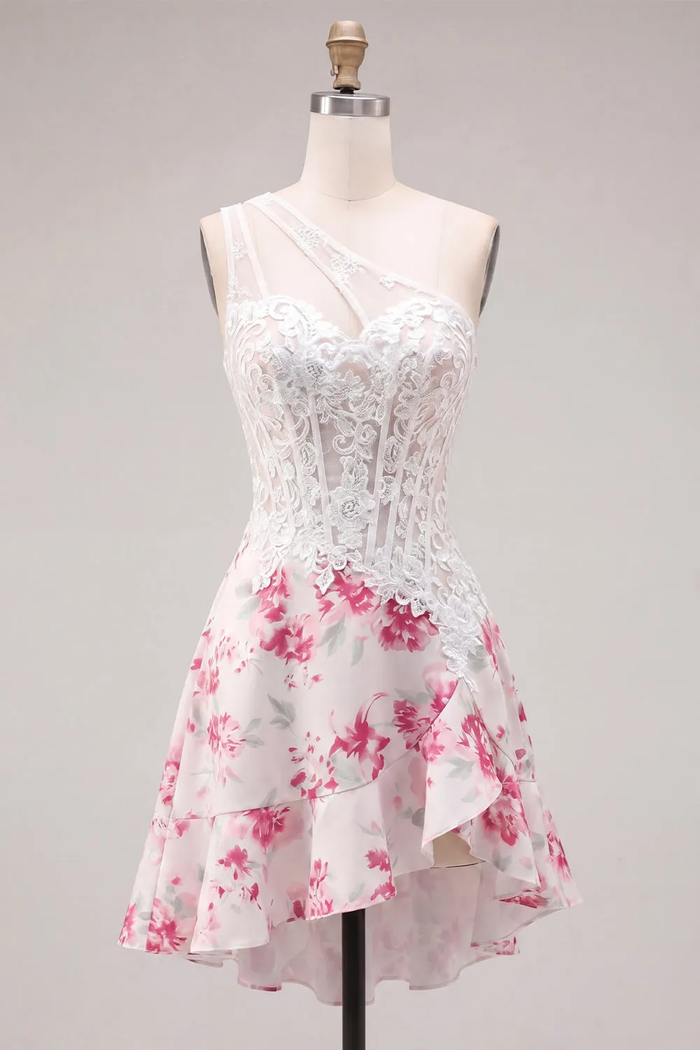 White Fuchsia Flower A Line Keyhole Short Corset Homecoming Dress with Ruffles sold by Zapaka