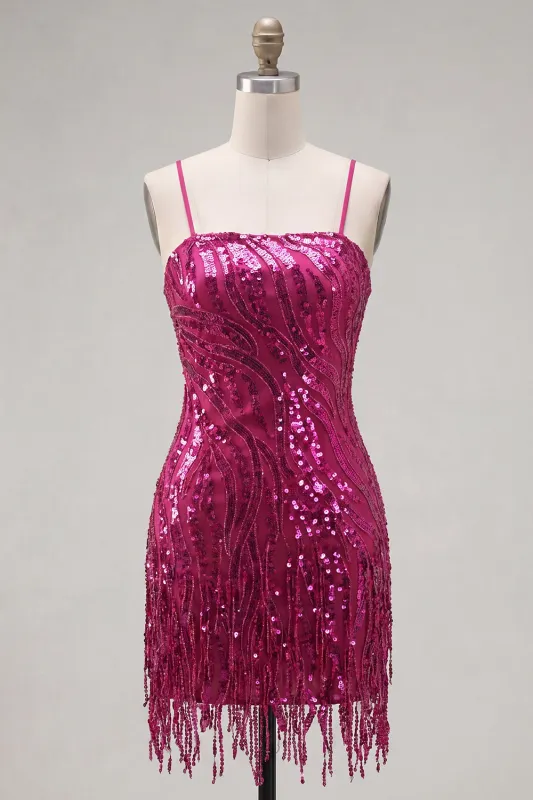 Fuchsia Sheath Spaghetti Straps Sequins Homecoming Dress with Lace Up Back made by Zapaka