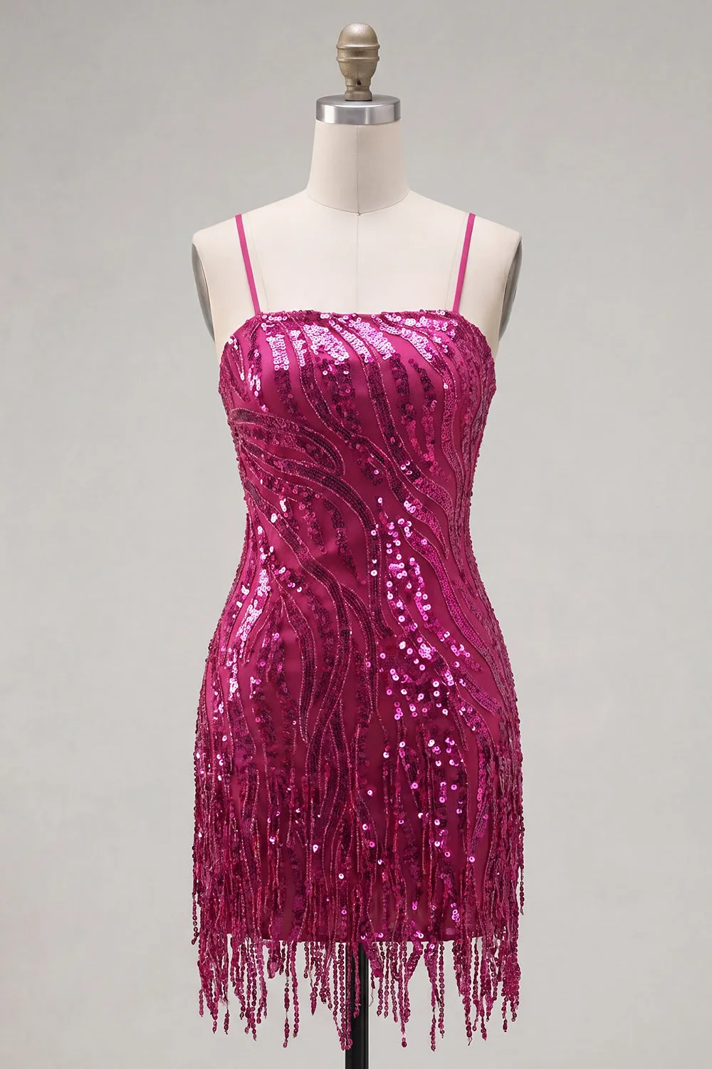 Fuchsia Sheath Spaghetti Straps Sequins Homecoming Dress with Lace Up Back sold by Zapaka