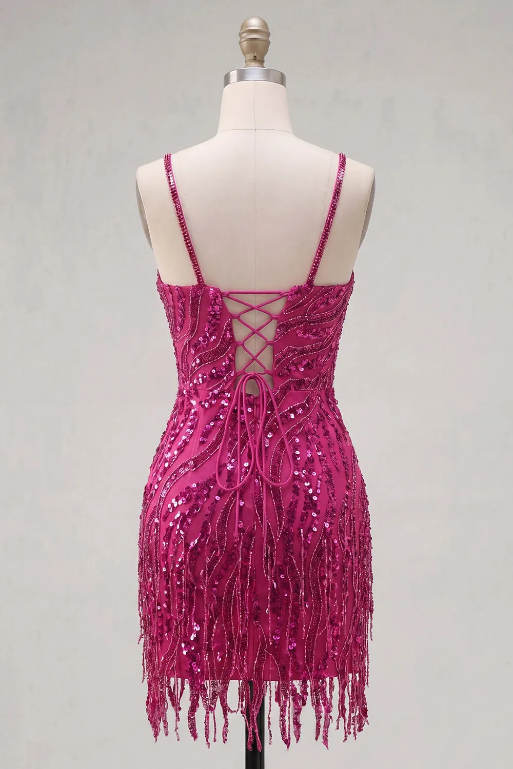 Fuchsia Sheath Spaghetti Straps Sequins Homecoming Dress with Lace Up Back sold by Zapaka product image thumbnail 2