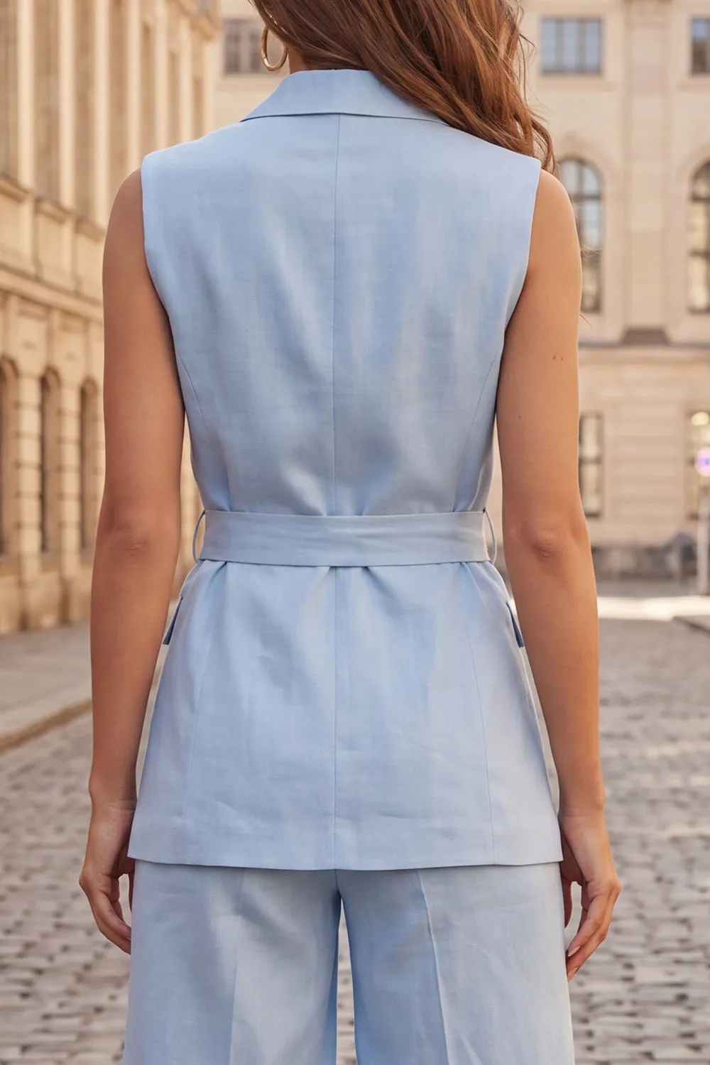 Light Blue 2 Piece Peak Lapel One Button Sleeveless Women Suits with Belt sold by Zapaka product image thumbnail 4