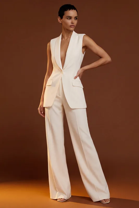 Ivory 2 Piece Shawl Lapel One Button Sleeveless Slim Fit Women Suits made by Zapaka