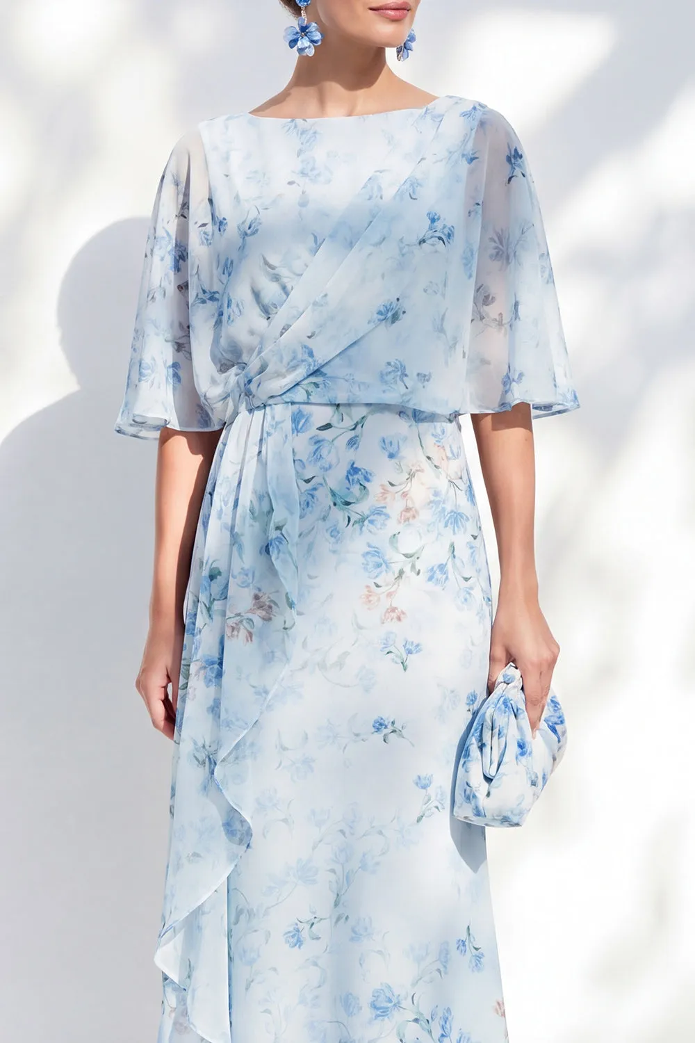 Blue Floral Bateau Neck Chiffon Sheath Long Mother Of the Bride Dress with Half Sleeves sold by Zapaka product image thumbnail 3