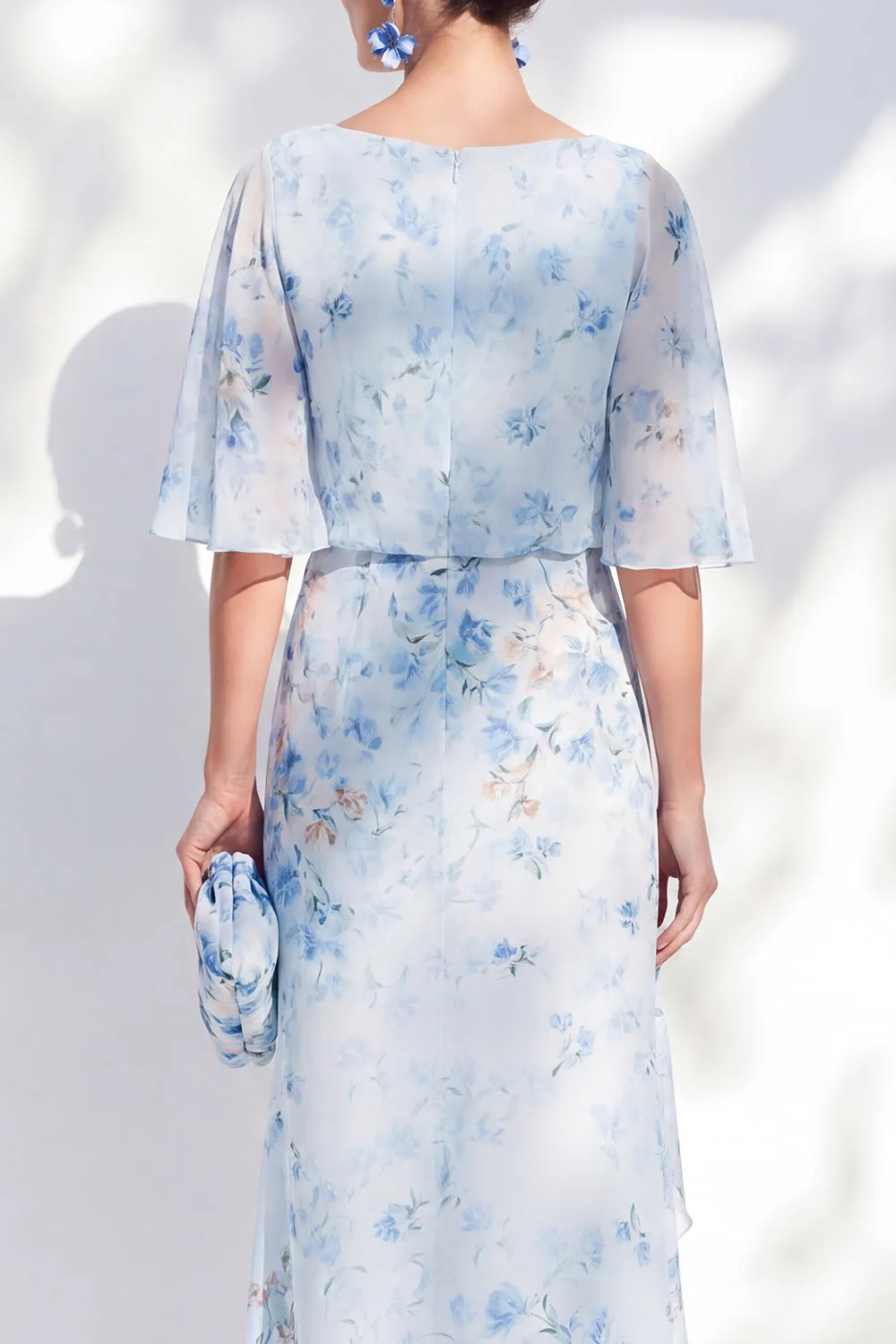 Blue Floral Bateau Neck Chiffon Sheath Long Mother Of the Bride Dress with Half Sleeves sold by Zapaka product image thumbnail 4