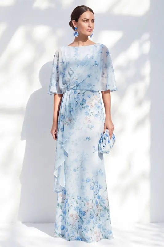 Blue Floral Bateau Neck Chiffon Sheath Long Mother Of the Bride Dress with Half Sleeves made by Zapaka